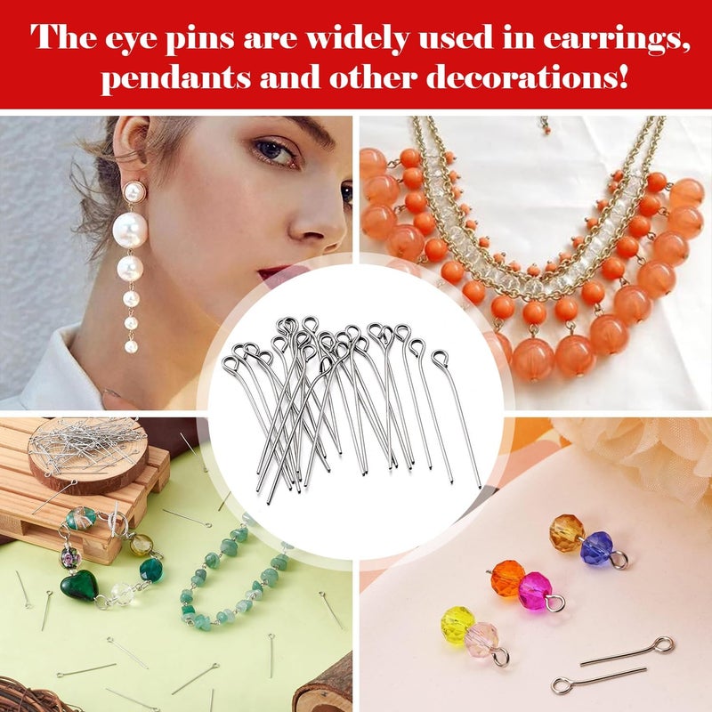 QIMAOO 300Pcs Open Eye Pins for Jewelry Making, Stainless Steel Jewelry Eye Pins Length 1.38"/35MM Eyepins headpins for DIY Craft Bead Earring Necklace - Image 4